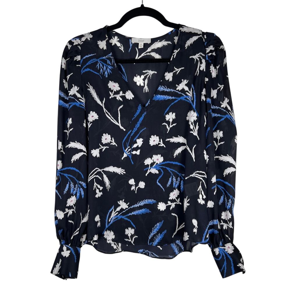 Joie 100% Silk Blue Floral Long Sleeve Lightweight Blouse Top XS